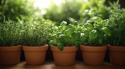 Fototapeta premium Terracotta pots with herbs like basil and thyme sit on a wooden surface in front of a green foliage backdrop