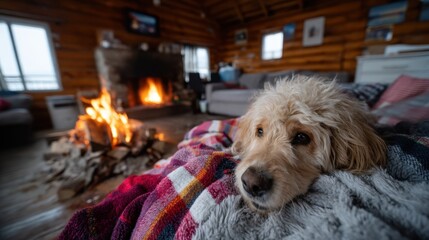 Cozy Living Room with a Dog Resting on a Blanket Near the Fireplace in a Rustic Cabin