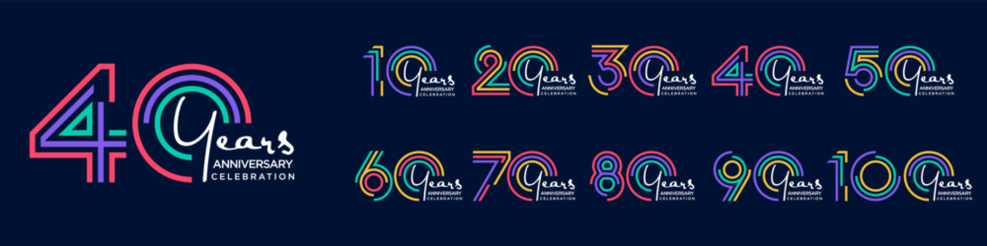 collection anniversary 10 to 100 year logo designs. abstract number for celebration event, wedding, greeting card, and invitation, vector illustration