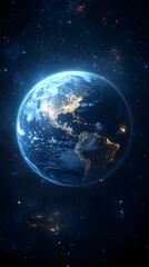 Obraz premium An Earth view from space shows cloud cover and city lights glowing against the dark starry expanse