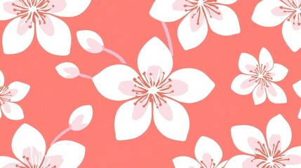 Fototapeta premium Coral background with repeating cherry blossom pattern.