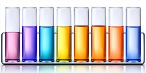 Colorful liquids in glass test tubes in a rack