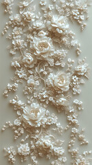 Delicate arrangement of white flowers with intricate layered petals on a neutral background