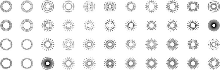 Vintage sunburst set. Bursting rays sunrise firework starburst blast, Radiant Spark. Rays. Geometric Design Elements. Retro radiant sunburst, starburst hand drawn label, sun rays.
