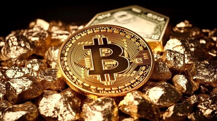 Bitcoin gold pile, dollar bill background.  Financial investment concept