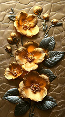 Golden flower arrangement with silver leaves embossed on golden textured background detailed