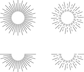 Vintage sunburst set. Bursting rays sunrise firework starburst blast, Radiant Spark. Rays. Geometric Design Elements. Retro radiant sunburst, starburst hand drawn label, sun rays.
