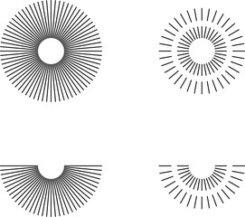 Vintage sunburst set. Bursting rays sunrise firework starburst blast, Radiant Spark. Rays. Geometric Design Elements. Retro radiant sunburst, starburst hand drawn label, sun rays.