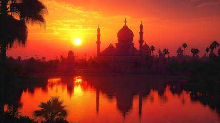 Fototapeta premium Mosque silhouetted at sunset reflected in serene waters with palm trees completing the tranquil scene