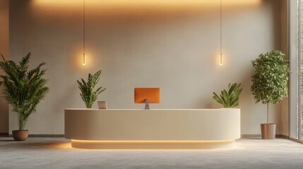 Modern beige reception desk in office lobby