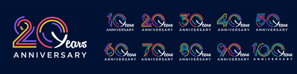 collection anniversary 10 to 100 year logo designs. abstract number for celebration event, wedding, greeting card, and invitation, vector illustration