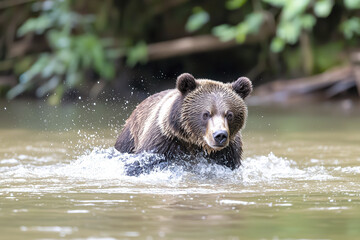 Obraz premium grizzly bear splashes through river, showcasing its powerful presence dynamic natural scene. water droplets create energetic