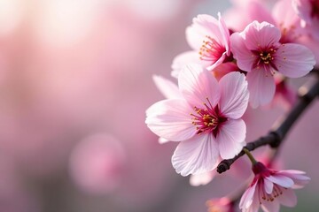 Fototapeta premium Delicate pink sakura blossoms, full bloom, soft focus pattern , pastel, bloom, romantic