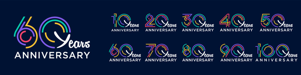 collection anniversary 10 to 100 year logo designs. abstract number for celebration event, wedding, greeting card, and invitation, vector illustration