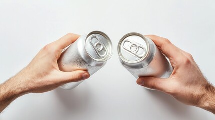 High angle shot of two hands clinking white aluminum beer cans on a white background.