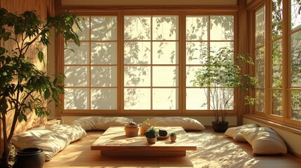 Tranquil Japanese-style living room bathed in sunlight.