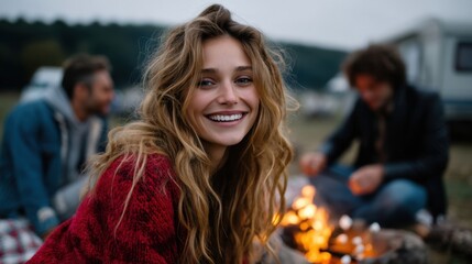 Happy Young Woman Camping Outdoors with Friends Near Fire Pit During Sunset or Evening
