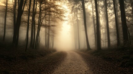 Fototapeta premium Misty Forest Path: A Serene Autumn Walk