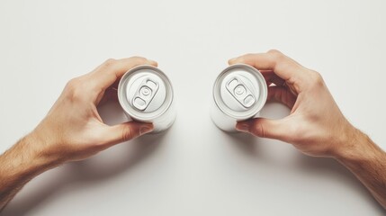 High angle shot of two hands clinking white aluminum beer cans on a white background.
