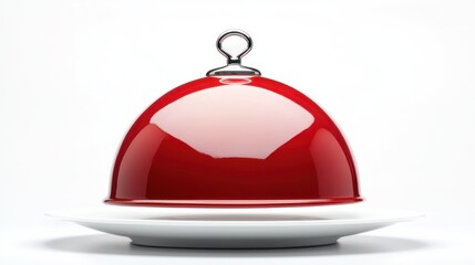 Obraz premium High-gloss red serving cloche with silver handle above white plate on white background.