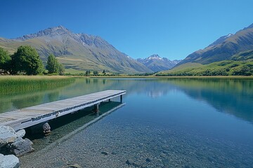 Serene mountain lake dock, clear water, calm reflection, peaceful landscape, travel postcard