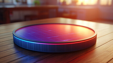 Round flat object rests on wood surface Interior background blurred with sunlight shining through