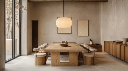 Neutral-toned dining area with a minimalist aesthetic.