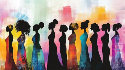 Colorful silhouettes of women in elegant gowns, vibrant background