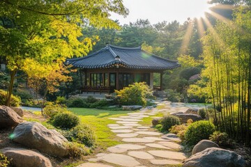 Obraz premium Sunlit Bamboo Grove with Stone Path Leading to Traditional Pagoda in Korean Garden