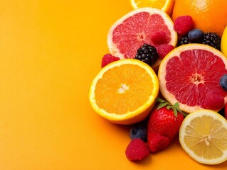 A vibrant and colorful assortment of fresh fruits on a bright yellow background.