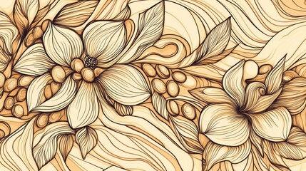 Fototapeta premium Beige floral pattern, swirling background, nature design, home decor