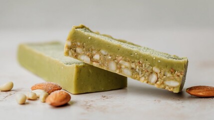 Delicious and healthy nut bar made with natural ingredients and vibrant green color.