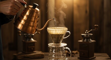 Pour Over Coffee Brewing Process, Rustic Setting
