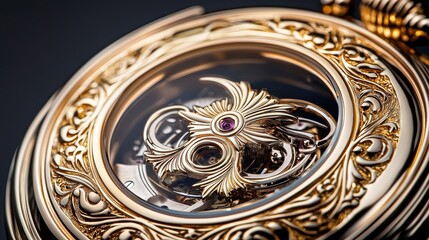 Obraz premium An exquisite gold pocket watch with an intricate open face design showcasing its complex mechanical movement and ornate engravings reveals a jewel-toned ruby accent.