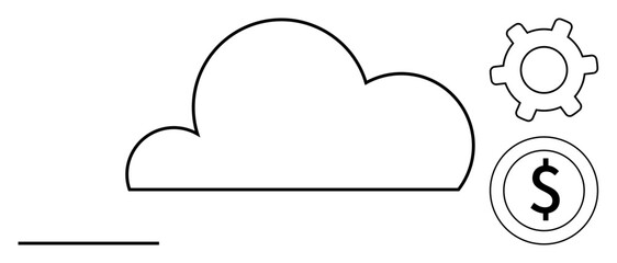 Cloud outline with gear symbol and dollar coin suggesting cloud computing, business efficiency, and financial growth. Ideal for innovation, tech management, finance, digital economy, automation, IT