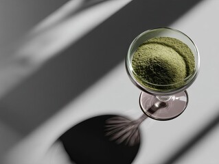 Close-up of matcha powder in a glass cup, casting a shadow on a minimalist background.