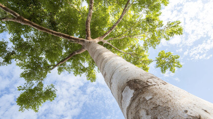 Fototapeta premium towering kapok tree reaches towards sky, showcasing its lush green leaves and intricate bark, evoking sense of tranquility