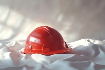 Red safety helmet resting on white fabric.