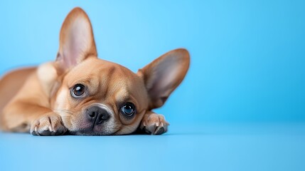 Cute Puppy Resting Head on Paws with Light Blue Background