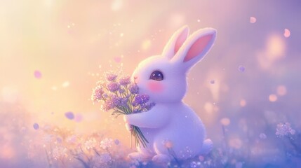 Obraz premium A soft pastel flower template with minimal cartoon animals around the border, sparkling stars in the background, dreamy atmosphere