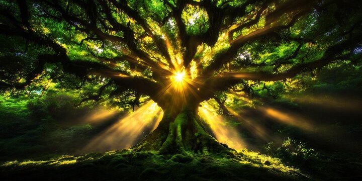 Majestic oak tree bathed in ethereal light, creating a mystic atmosphere