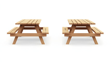 Wooden Picnic Table with Long Benches – 3D Realistic Vector of Camping, Garden, or Park Furniture with Front and Side View Isolated on White
