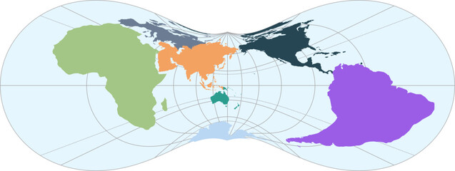 Fototapeta premium World vector map with continent boundaries and graticules in Asia-Pacific view (Roussilhe stereographic projection, PPT-compatible, pre-colored & fully editable)