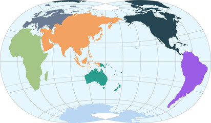 World vector map with continent boundaries and graticules in Asia-Pacific view (Lask projection, PPT-compatible, pre-colored & fully editable)