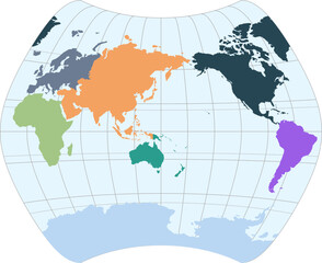 World vector map with continent boundaries and graticules in Asia-Pacific view (Larrivee projection, PPT-compatible, pre-colored & fully editable)