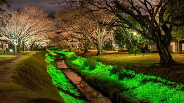 Illuminated riverbank shines with green lights beneath bare trees at night in a peaceful park