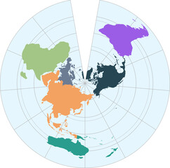 World vector map with continent boundaries and graticules in Asia-Pacific view (Euler projection, PPT-compatible, pre-colored & fully editable)