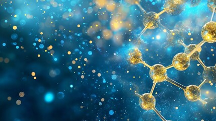 Abstract golden molecular structure on blue background with glowing particles and elegant design 3d