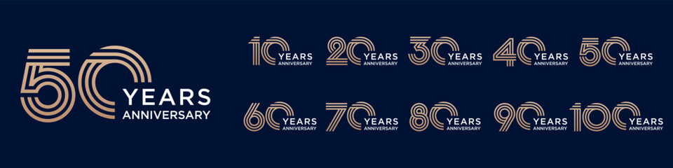 collection anniversary 10 to 100 year logo designs. abstract number for celebration event, wedding, greeting card, and invitation, vector illustration