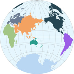 World vector map with continent boundaries and graticules in Asia-Pacific view (Van Der Grinten II projection, PPT-compatible, pre-colored & fully editable)